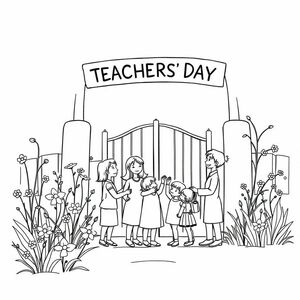 create a super imaginative sharp coloring image. a greeting card for Vietnamese teachers' day. with wild flowers and grasses. simple. with teachers and friends. in a beautiful school gate