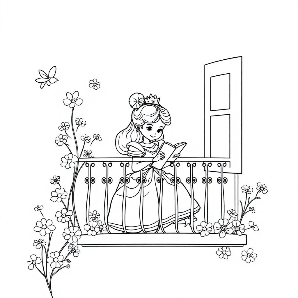 The princess is sitting on the balcony with a sketchbook