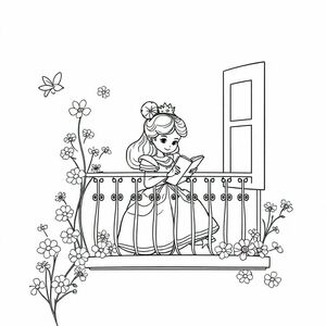 The princess is sitting on the balcony with a sketchbook
