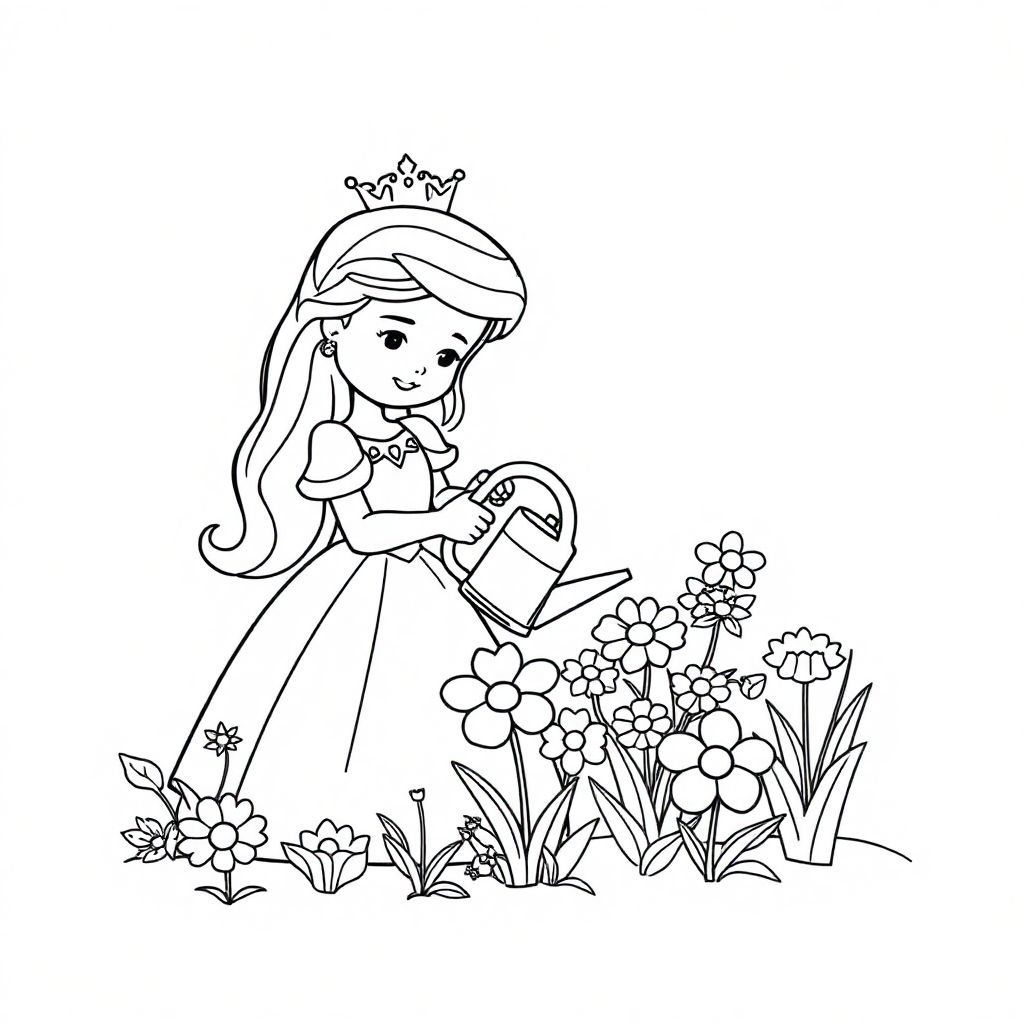 A princess watering flowers with a watering can. Line art. Solid white background. Minimal details. Plenty of space for coloring.