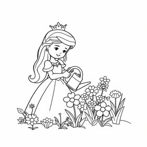 A princess watering flowers with a watering can. Line art. Solid white background. Minimal details. Plenty of space for coloring.