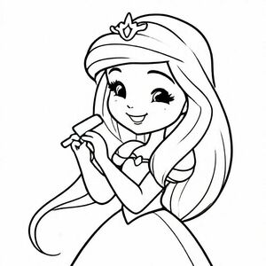 A black and white coloring page of simple, Princess brushing her long hair