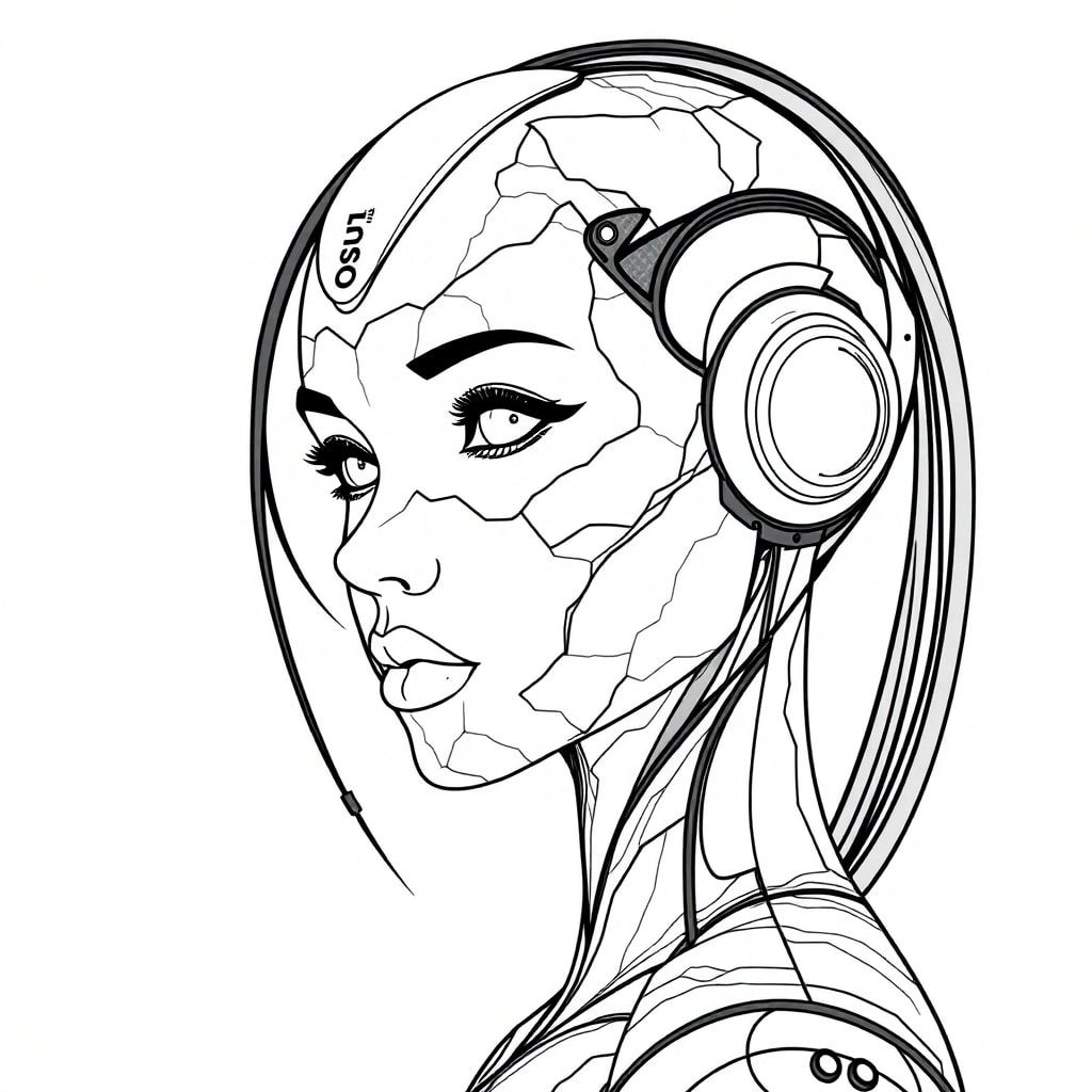 Black marble skin carbon-fiber cybernetic feminine young women robot with black carbon-fiber cable coming out of her head and eyes. Unreal Engine 5, Dark Cinematic, Editorial Photography, Photography, Photoshoot, Depth of Field, DOF, White Balance, 32k, Super-Resolution, ProPhoto RGB, VR, Halfrear Lighting, Backlight, Natural Lighting, Incandescent, Optical Fiber, Moody Lighting, Cinematic Lighting, Studio Lighting, Soft Lighting, Volumetric, Contra-Jour, Beautiful Lighting, Accent Lighting, Global Illumination, Screen Space Global Illumination, Ray Tracing Global Illumination, Optics, Scattering, Glowing, Shadows,  Rough, Shimmering, Ray Tracing Reflections, Lumen Reflections, Screen Space Reflections, Graphic Novel, Diffraction Grading, Chromatic Aberration, GB Displacement, Scan Lines, Ray Traced, Ray Tracing Ambient Occlusion, Anti-Aliasing, FKAA, TXAA, RTX, SSAO, Shaders, OpenGL-Shaders, GLSL-Shaders, Post Processing, Post-Production, Cel Shading, Hyper-Maximalist, Elegant, Hyper Realistic, Dramatic Lighting, Cinematic Lighting, Wide Angle, 8k, Super Hyper Realistic, Focused, Extremely Detailed. --v 5 --s 750 --q 2