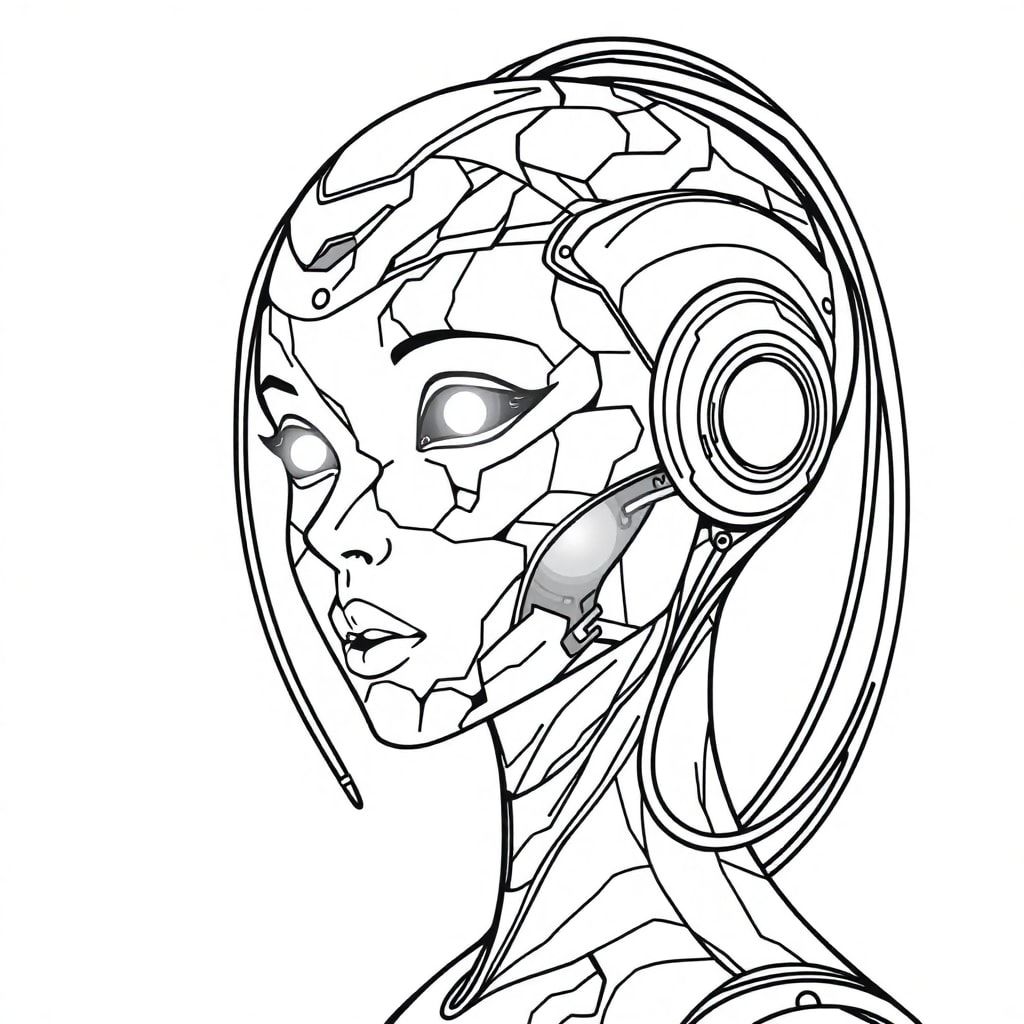 Black marble skin carbon-fiber cybernetic feminine young women robot with black carbon-fiber cable coming out of her head and eyes