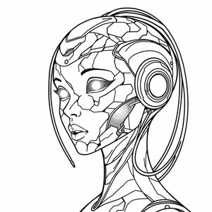 Black marble skin carbon-fiber cybernetic feminine young women robot with black carbon-fiber cable coming out of her head and eyes