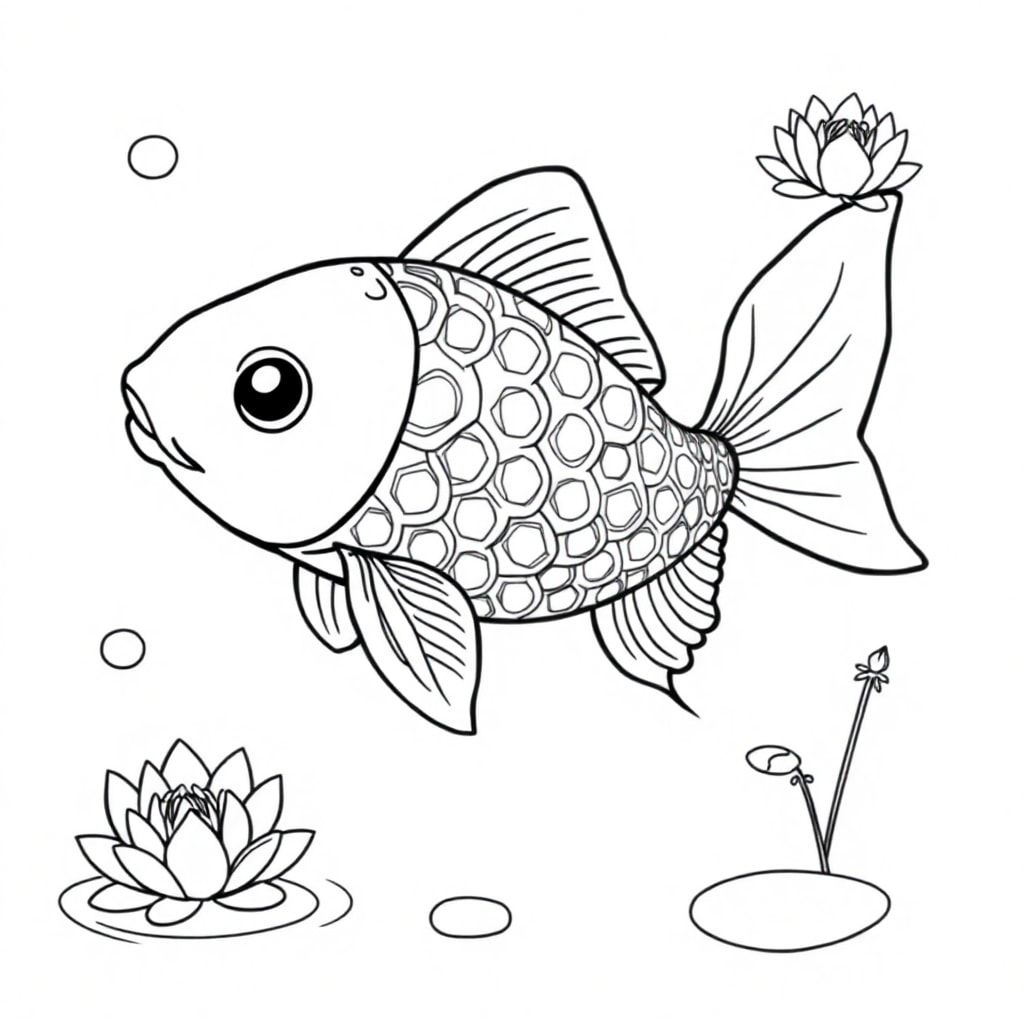 Here's a revised prompt for the Koi fish image:

"A charming Koi fish named Lucky, depicted as chubby and cute, with uniquely vibrant and intricate patterns on its scales. The fish is shown swimming gracefully in crystal-clear water, surrounded by gentle ripples and water lilies. The image is captured in sharp 4k resolution, highlighting Lucky's bright, shimmering colors and creative, distinctive markings that set it apart from other koi fish."