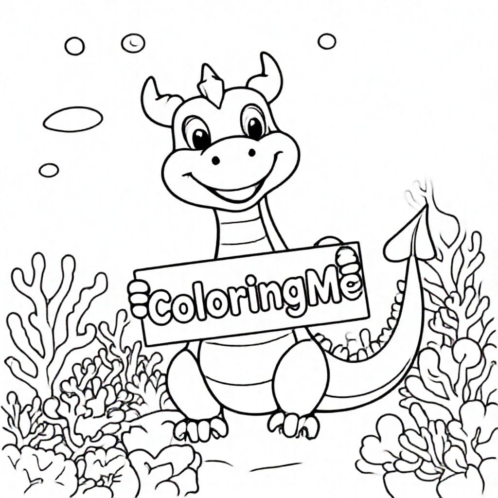 An overview of a friendly dragon, holding a sign with "ColoringMe" written in white letters in an underwater coral lake, surreal style