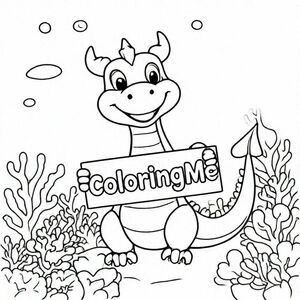 An overview of a friendly dragon, holding a sign with "ColoringMe" written in white letters in an underwater coral lake, surreal style