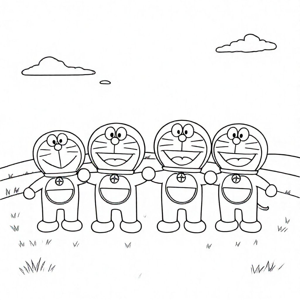 4 doraemon cartoon characters holding hands in the field