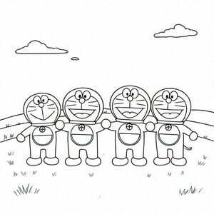4 doraemon cartoon characters holding hands in the field
