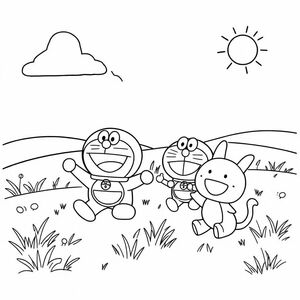 Doraemon characters. Chaien, Nobita, Xuka, Xeko. on the field
