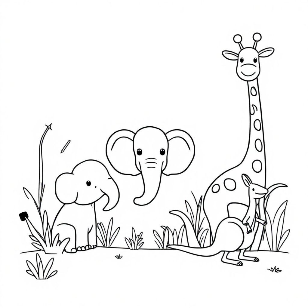 2d outline, simple vector monochrome coloring page zoo scene, on white background --ar 3:2 --v5.