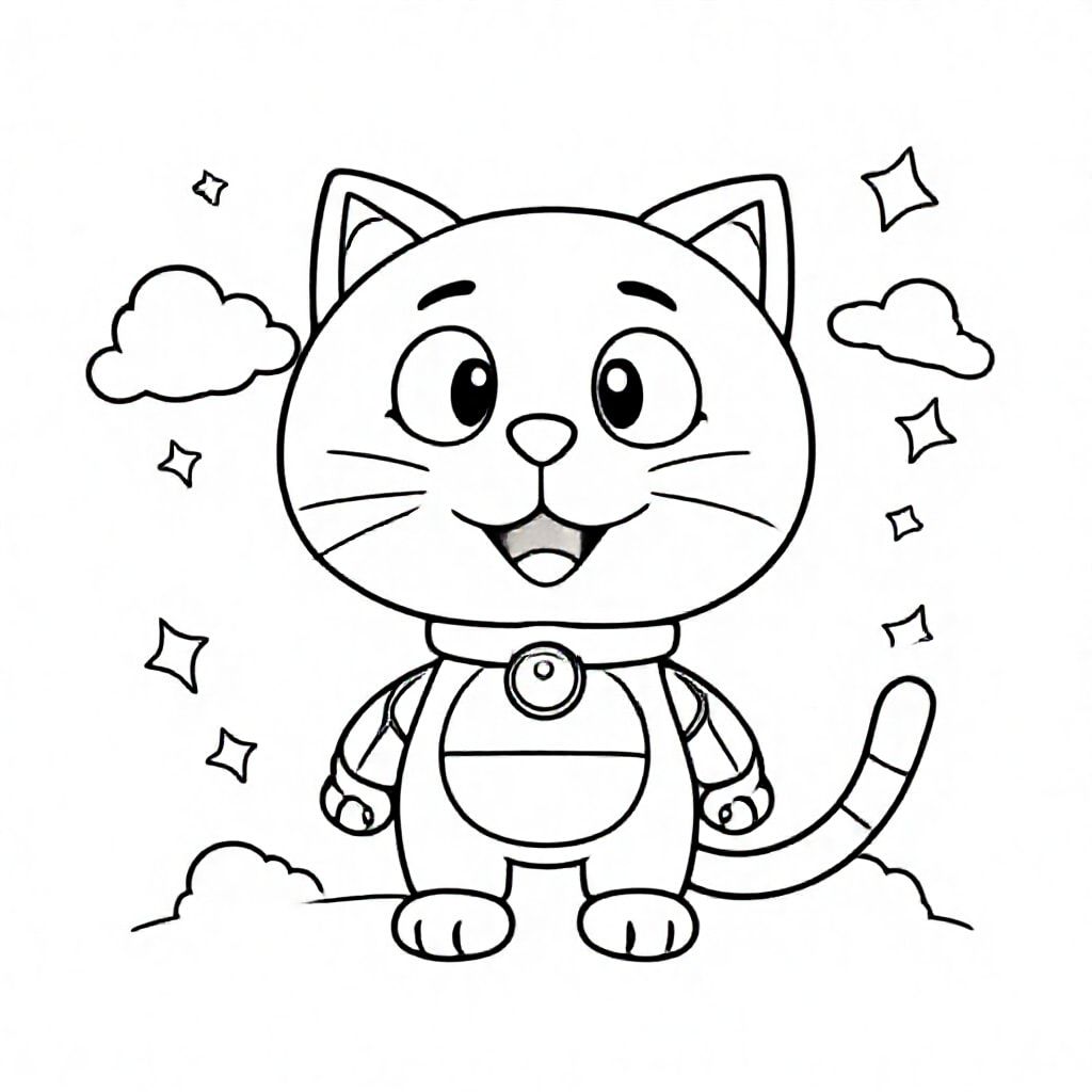 coloring page of a [doreamon + description + artist], monochrome lineart vector outline:: simple illustration, lineart, black and white:: shading, gradient, hatching, stippling, grey, complex, text, logo, signature::-0.3 --v 5.