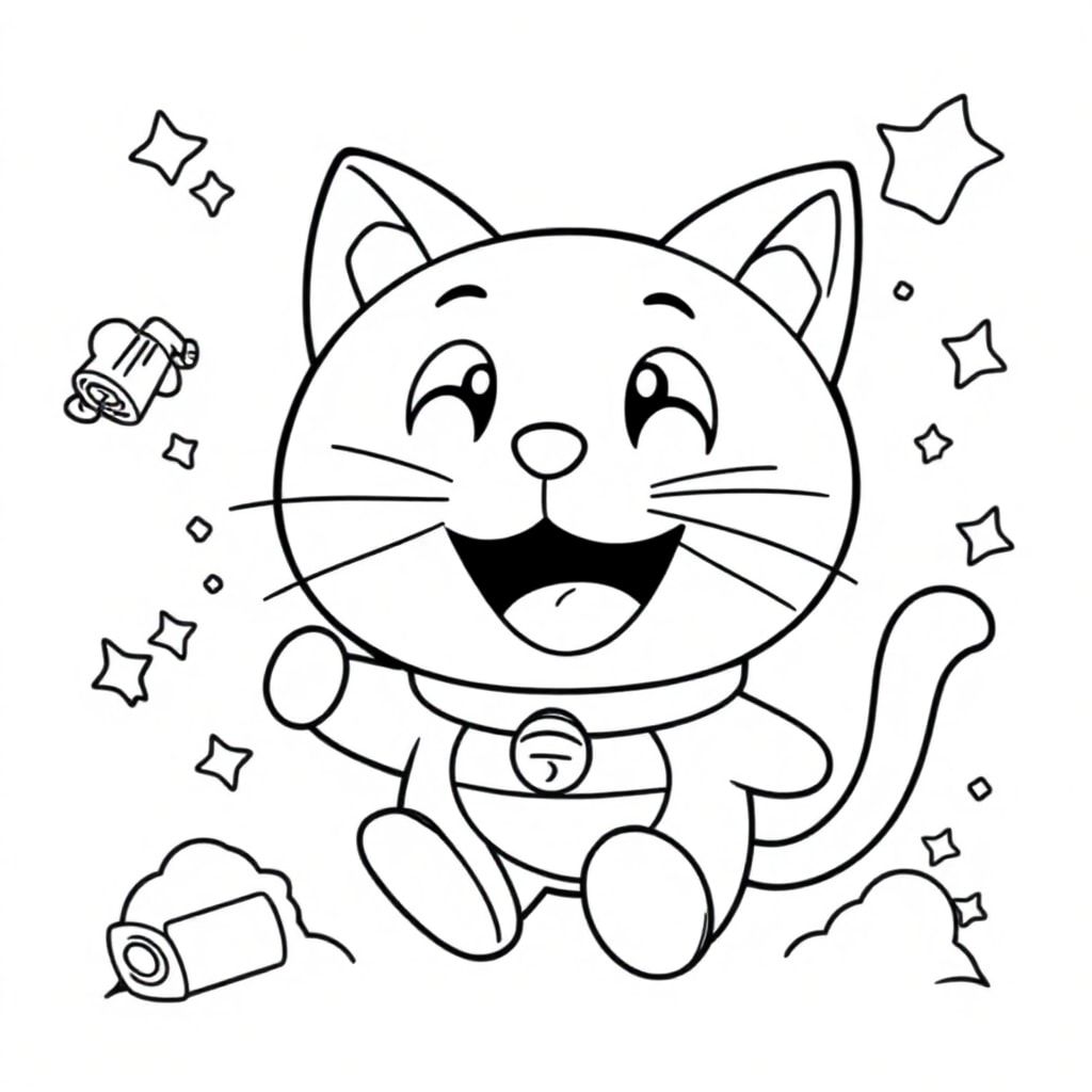 coloring page of a doreamon phim hoặt hình, monochrome lineart vector outline:: simple illustration, lineart, black and white:: shading, gradient, hatching, stippling, grey, complex, text, logo, signature
