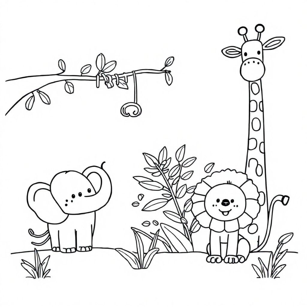 2d outline, simple vector monochrome coloring page zoo scene, on white background 