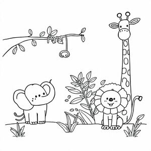2d outline, simple vector monochrome coloring page zoo scene, on white background 
