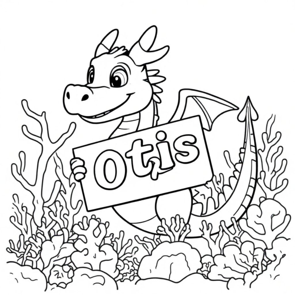 An overview of a friendly dragon, holding a sign with "Otis" written in white letters in an underwater coral lake, surreal style