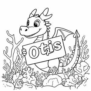 An overview of a friendly dragon, holding a sign with "Otis" written in white letters in an underwater coral lake, surreal style