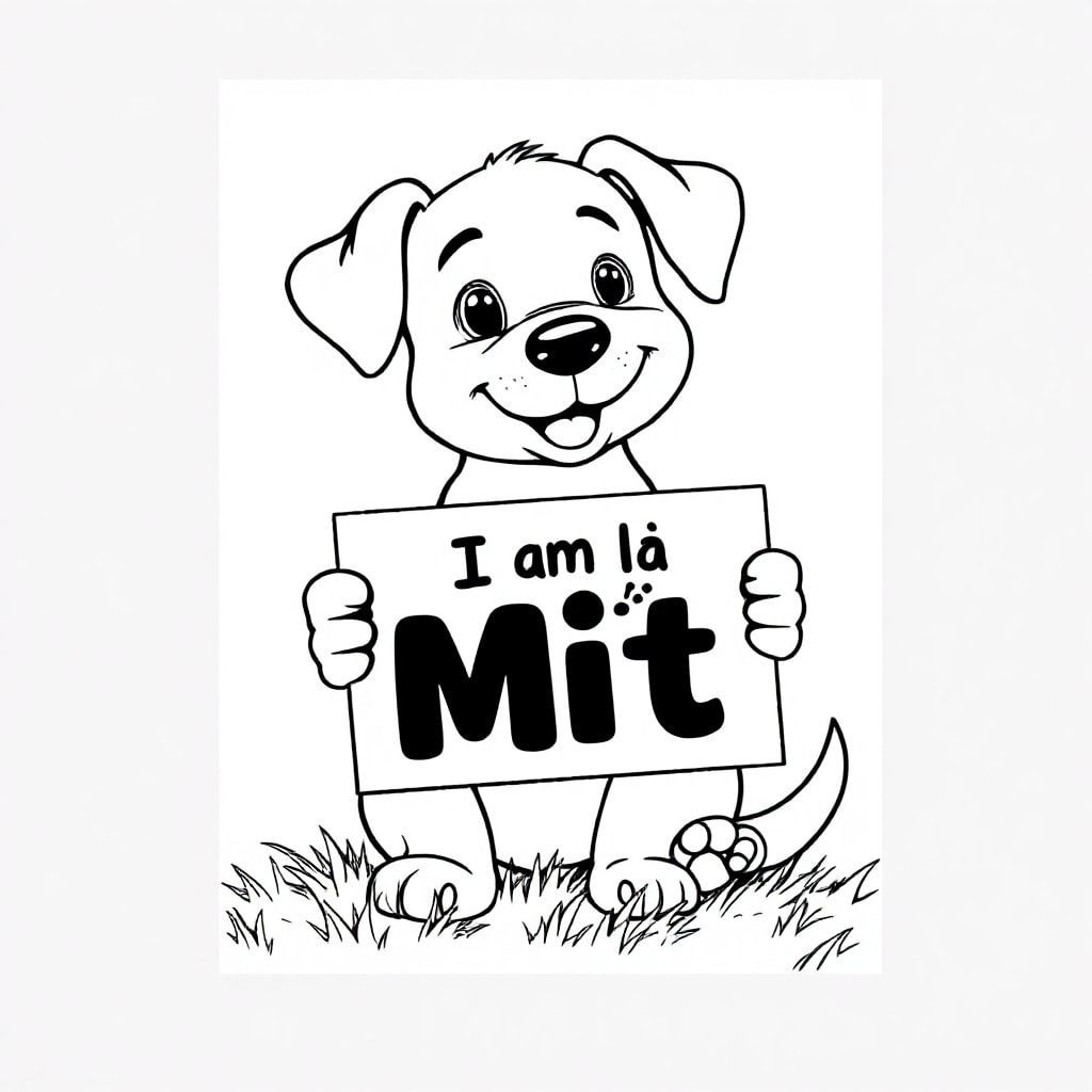 An overview of a friendly puppy, holding a sign with "I am Jackfruit" written in black letters on the lawn, surreal style