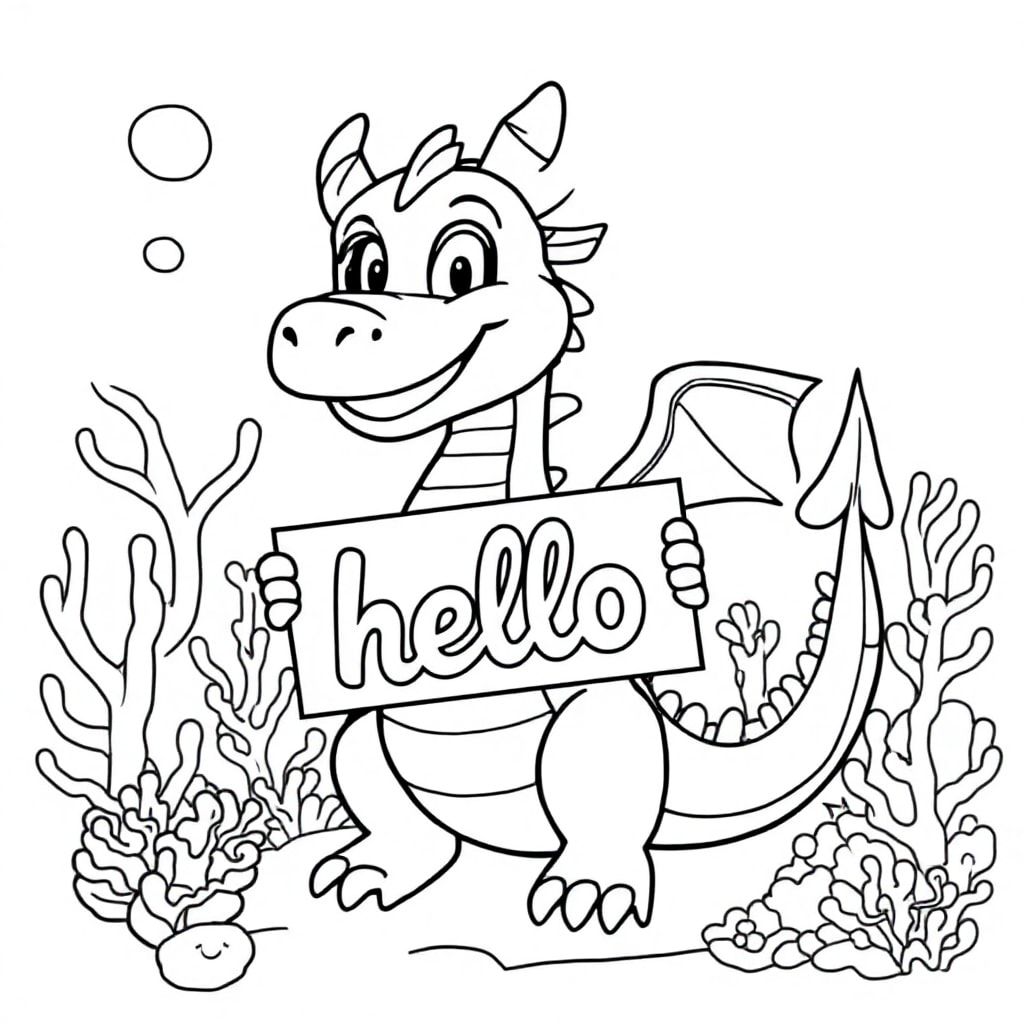 An overview of a friendly dragon, holding a sign with "hello" written in white letters in an underwater coral lake, surreal style