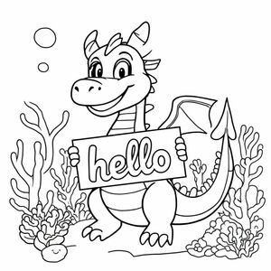 An overview of a friendly dragon, holding a sign with "hello" written in white letters in an underwater coral lake, surreal style