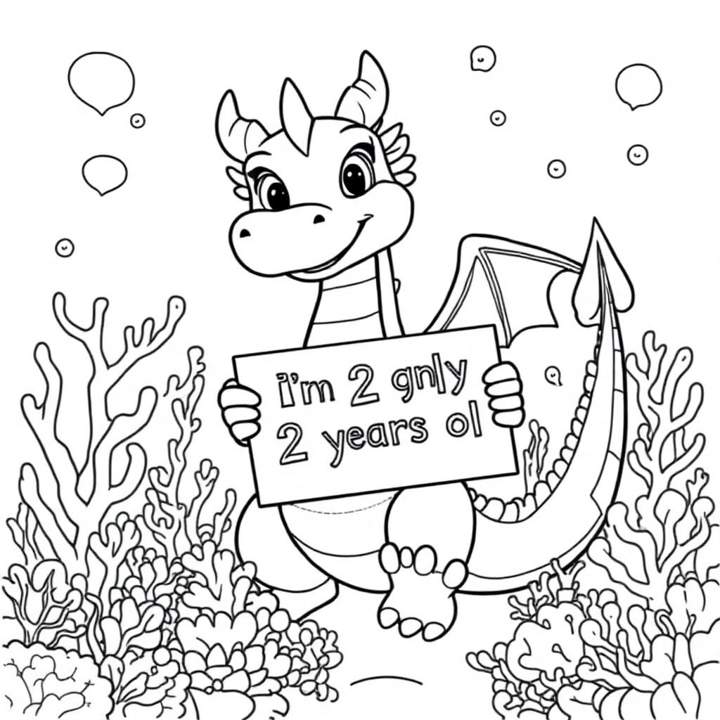 An overview of a personality dragon holding a sign with "I'm only 2 years old" written in white letters in an underwater coral lake, surreal style (Vietnamese letters)
