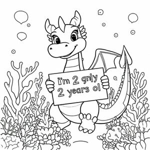 An overview of a personality dragon holding a sign with "I'm only 2 years old" written in white letters in an underwater coral lake, surreal style (Vietnamese letters)