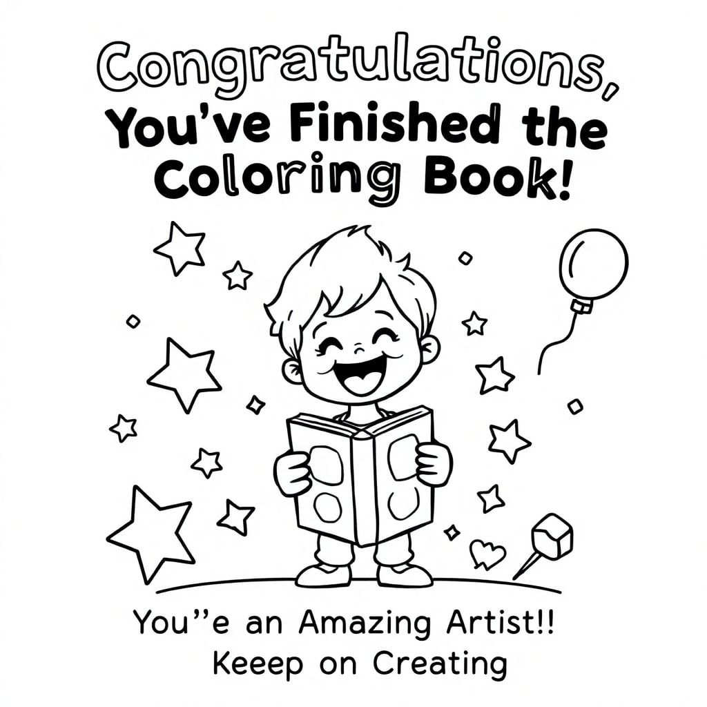 Create a vibrant, playful thank-you page for kids who completed a coloring book. At the top, include bold, cheerful text: "Congratulations, You've Finished the Coloring Book!" Below, place a fun illustration of a child holding a completed book. Add interactive coloring areas like stars or balloons. At the bottom, write: "You're an Amazing Artist! Keep on Creating." Use bright colors like pinks, blues, and yellows with cute cartoon elements for a joyful, welcoming feel