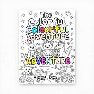 Title:
"The Colorful Adventure: Enjoy Your Coloring Journey!"

Author:
"Aimad Djeddi"

Cover Description:
The cover features a vibrant and playful design, filled with bright, cheerful colors to capture the excitement of coloring. At the center, there are adorable cartoon characters, such as friendly animals and fantasy creatures, embarking on a colorful adventure. The title is bold and eye-catching, with large letters in a mix of lively colors like blue, pink, and yellow. Below the title, the author's name, Aimad Djeddi, appears in a smaller but clear font. The design is complemented by fun decorative elements like stars, balloons, and flowers, creating a joyful and welcoming feel for young readers. The overall aesthetic reflects creativity, imagination, and the magic of coloring.

