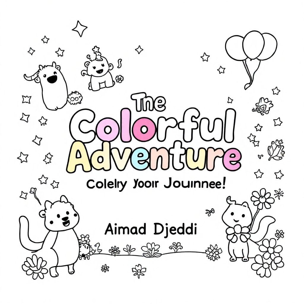 Title:
"The Colorful Adventure: Enjoy Your Coloring Journey!"

Author:
"Aimad Djeddi"

Cover Description:
The cover is bursting with vibrant colors and fun illustrations, designed to appeal to young children. It features playful cartoon characters—such as animals and magical creatures—engaged in an exciting coloring journey. The title is prominently displayed in bold, eye-catching letters with a mix of bright hues like pink, yellow, and blue. Below the title, Aimad Djeddi is written in a smaller, clear font. The cover is adorned with whimsical touches like stars, balloons, and flowers, creating an inviting and cheerful atmosphere, perfect for sparking creativity in kids. The design captures the spirit of fun, imagination, and artistic adventure.

