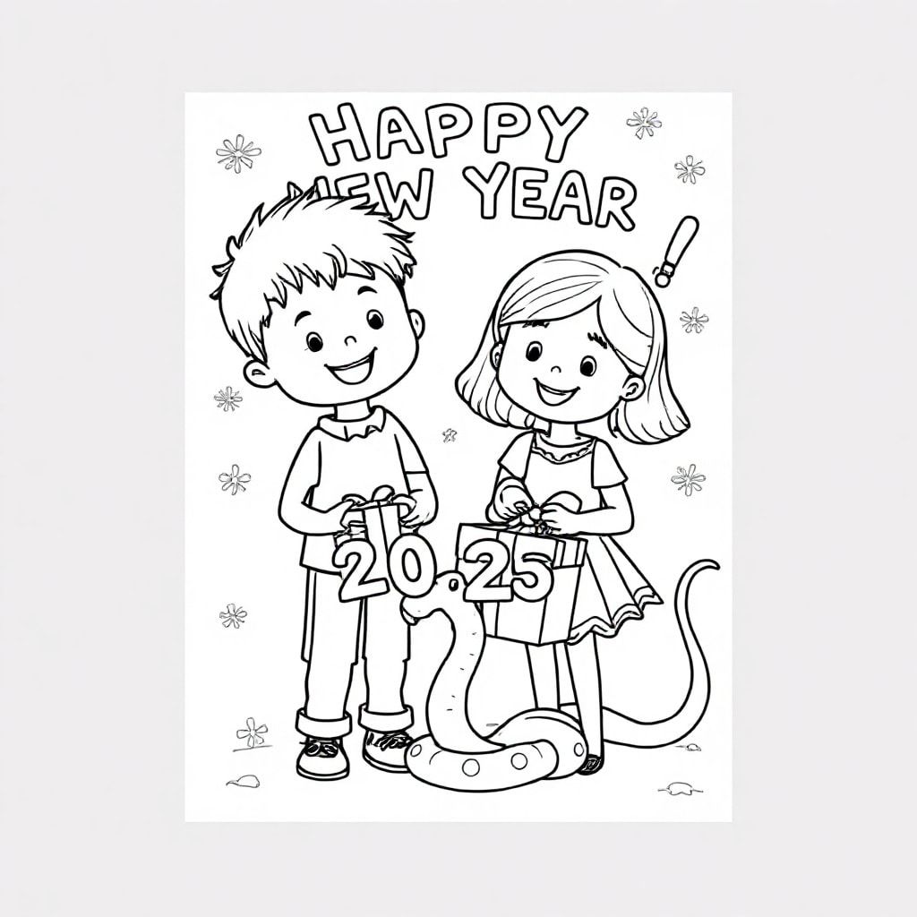 A boy and a girl celebrating “HAPPY NEW YEAR 2025!” with gifts, a snake