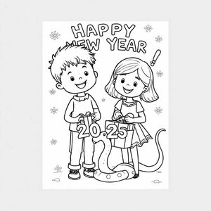A boy and a girl celebrating “HAPPY NEW YEAR 2025!” with gifts, a snake