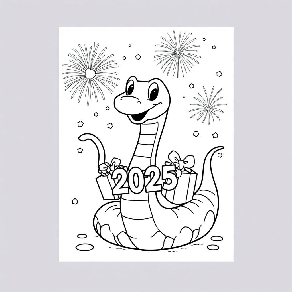 A snake celebrating “HAPPY NEW YEAR 2025!” with gifts, fireworks 