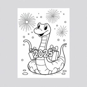 A snake celebrating “HAPPY NEW YEAR 2025!” with gifts, fireworks 