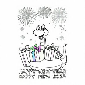 a snake celebrating "HAPPY NEW YEAR 2025", presents, fireworks