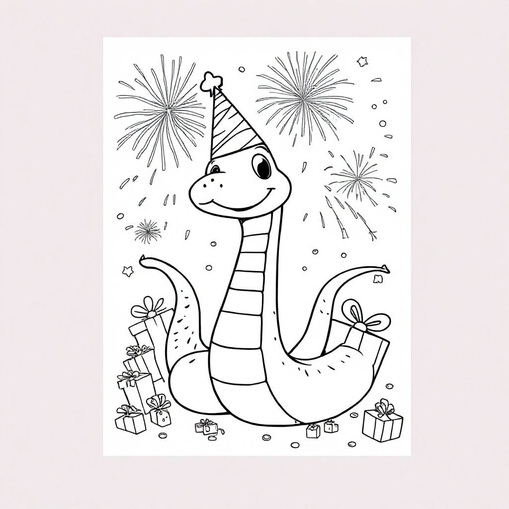 A snake celebrating "HAPPY NEW YEAR 2025", FIREWORKS, GIFTS, A PARTY HAT