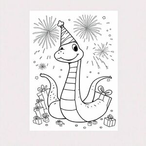 A snake celebrating "HAPPY NEW YEAR 2025", FIREWORKS, GIFTS, A PARTY HAT