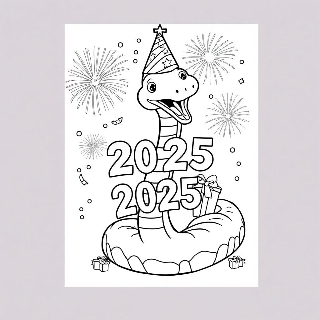 A snake celebrating "HAPPY NEW YEAR 2025", FIREWORKS, PRESENTS, A PARTY HAT