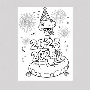 A snake celebrating "HAPPY NEW YEAR 2025", FIREWORKS, PRESENTS, A PARTY HAT