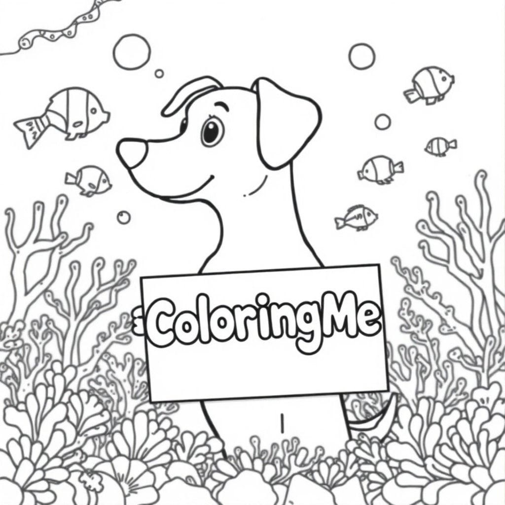 A profile view of a friendly dog, holding a sign with "ColoringMe" written in white bubble letters, in profile, in a underwater coral reef kingdom, surrealist style