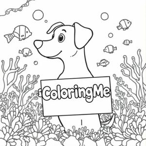 A profile view of a friendly dog, holding a sign with "ColoringMe" written in white bubble letters, in profile, in a underwater coral reef kingdom, surrealist style