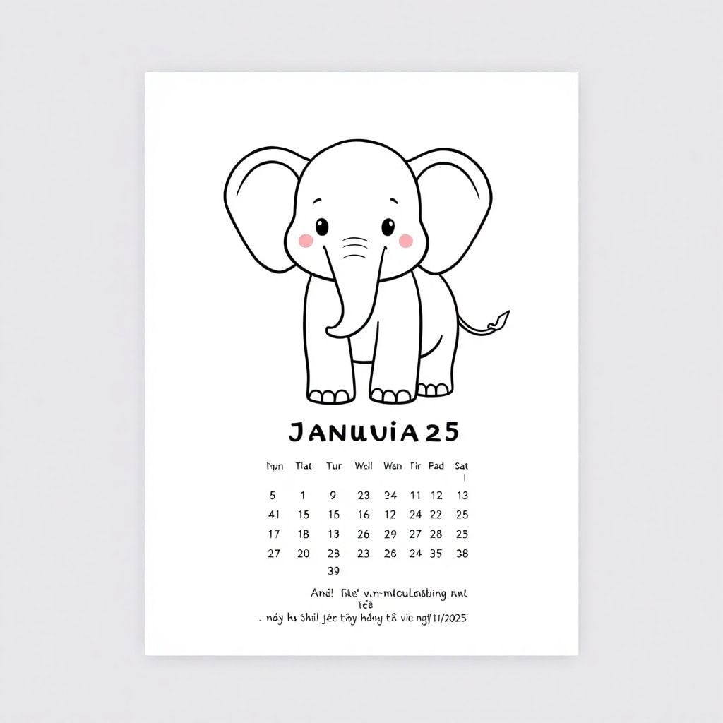 The calendar for January 1, 2025 has been designed to be simpler to your liking, with a cute elephant and a quote. Do you think that's okay? If possible, I will continue with January 2, 2025!