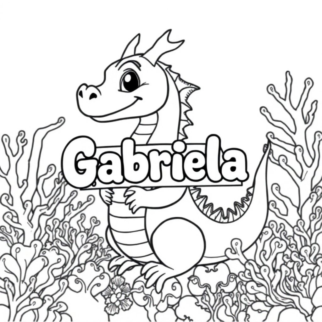Một cái nhìn hồ sơ của một con rồng thân thiện, cầm một tấm biển có chữ "Gabriela" được viết bằng chữ bong bóng màu trắng, trong hồ sơ, trong vương quốc rạn san hô dưới nước, phong cách siêu thực
