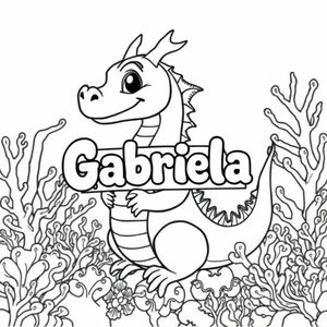 A profile view of a friendly dragon, holding a sign with "Gabriela" written in white bubble letters, in profile, in a underwater coral reef kingdom, surrealist style