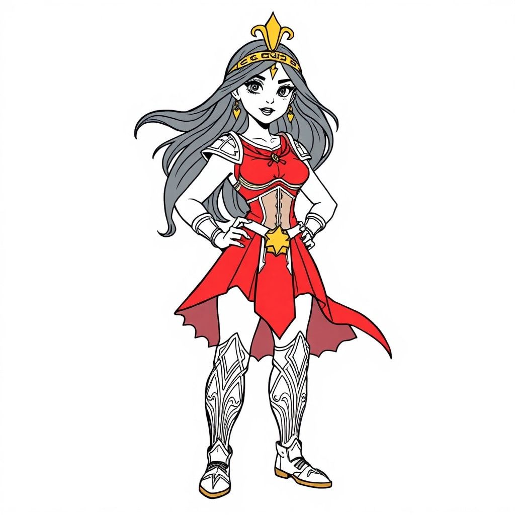A strong, confident young woman standing in a heroic pose. She has long, flowing dark hair, wearing a unique warrior outfit inspired by ancient Greek armor, featuring golden accents and a red and blue color scheme. Her boots are knee-high with intricate patterns, and she has a golden tiara on her forehead. Her expression is determined, and her physique is athletic yet feminine. The image is focused entirely on her, with no background.