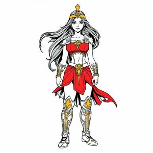 A strong, confident young woman standing in a heroic pose. She has long, flowing dark hair, wearing a unique warrior outfit inspired by ancient Greek armor, featuring golden accents and a red and blue color scheme. Her boots are knee-high with intricate patterns, and she has a golden tiara on her forehead. Her expression is determined, and her physique is athletic yet feminine. The image is focused entirely on her, with no background, surrealist style
