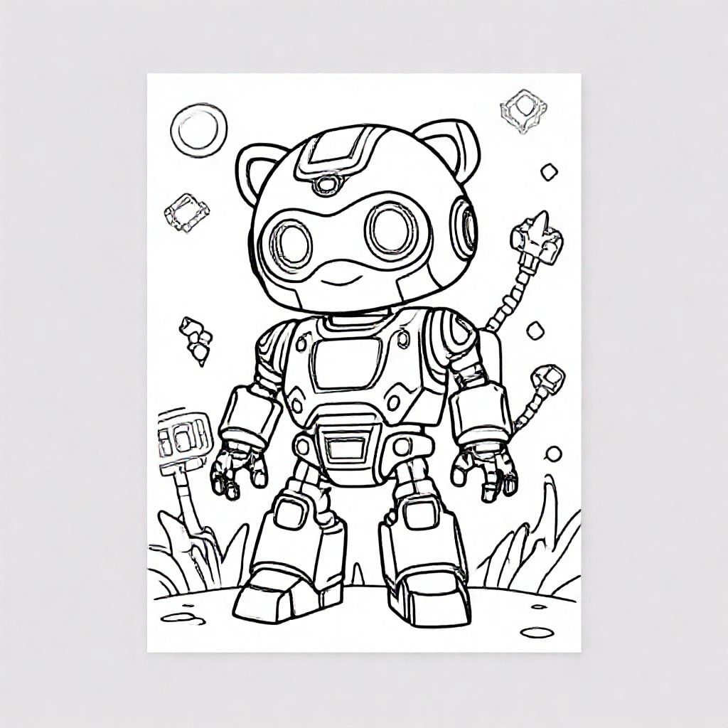 Create an interesting and creative Mechamato coloring picture. The image should clearly show Mechamato's character, as well as a background that matches the theme of robots or technology. Use bright, contrasting colors to make the image look vibrant and attractive. Make sure that the picture can be easily colored by children or people who love Mechamato. Provide clear and simple instructions to guide the user in coloring the image.