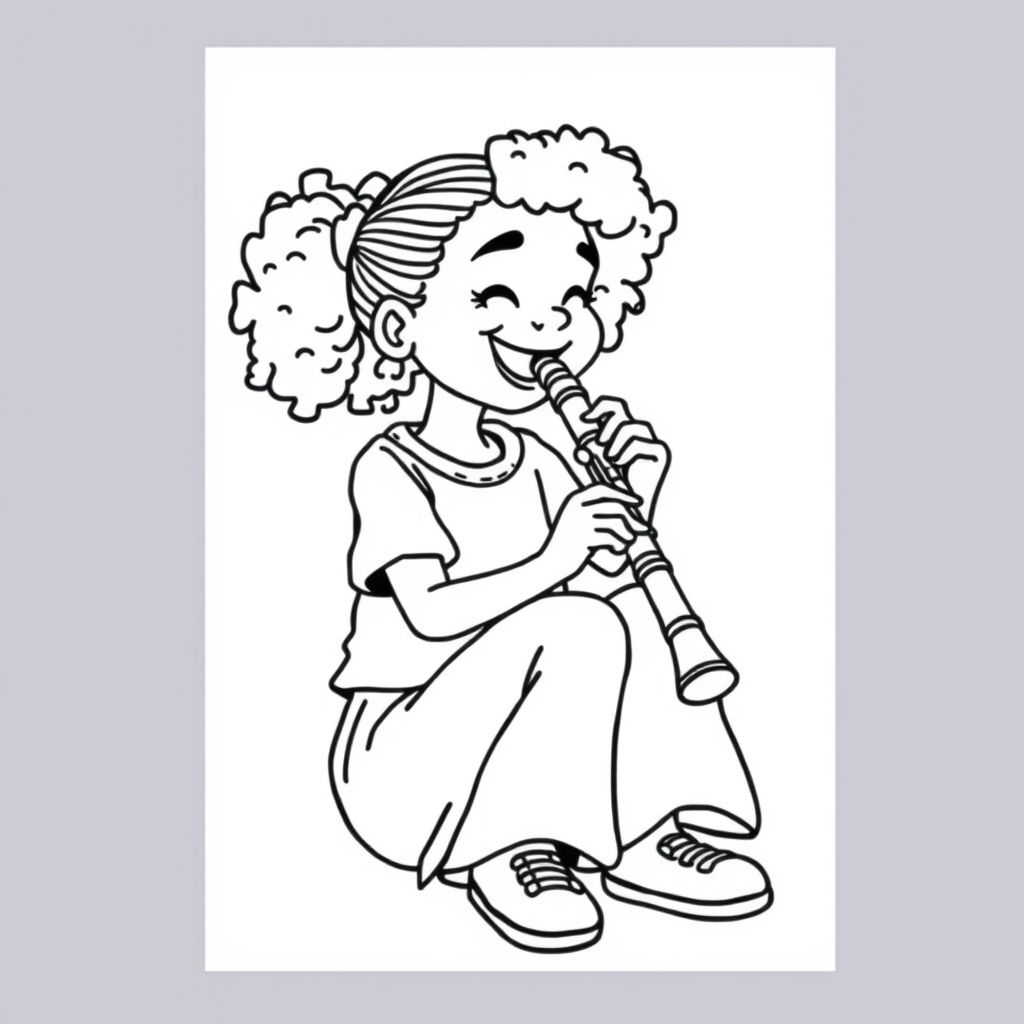 a black girl playing the clarinet sitting down.