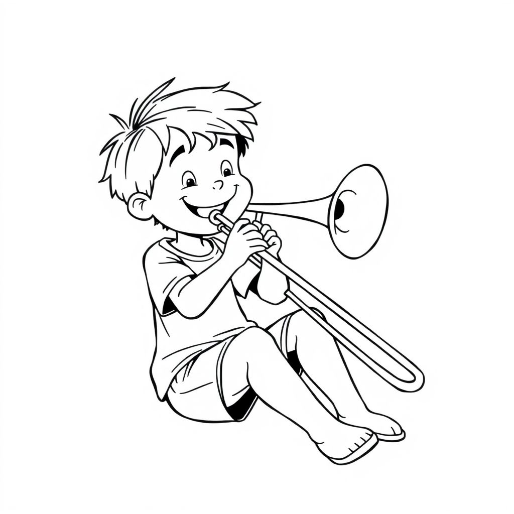 a boy playing a long trombone sitting down.