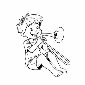 a boy playing a long trombone sitting down.